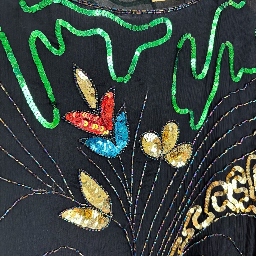 Vintage 80s Sequin Embroidered Silk Top Sz M - Picture 5 of 7